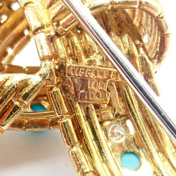 Vintage Tiffany & Co. 18k Yellow Gold Diamond Turquoise Bamboo Bow Pin Brooch - Picture 5 of 11